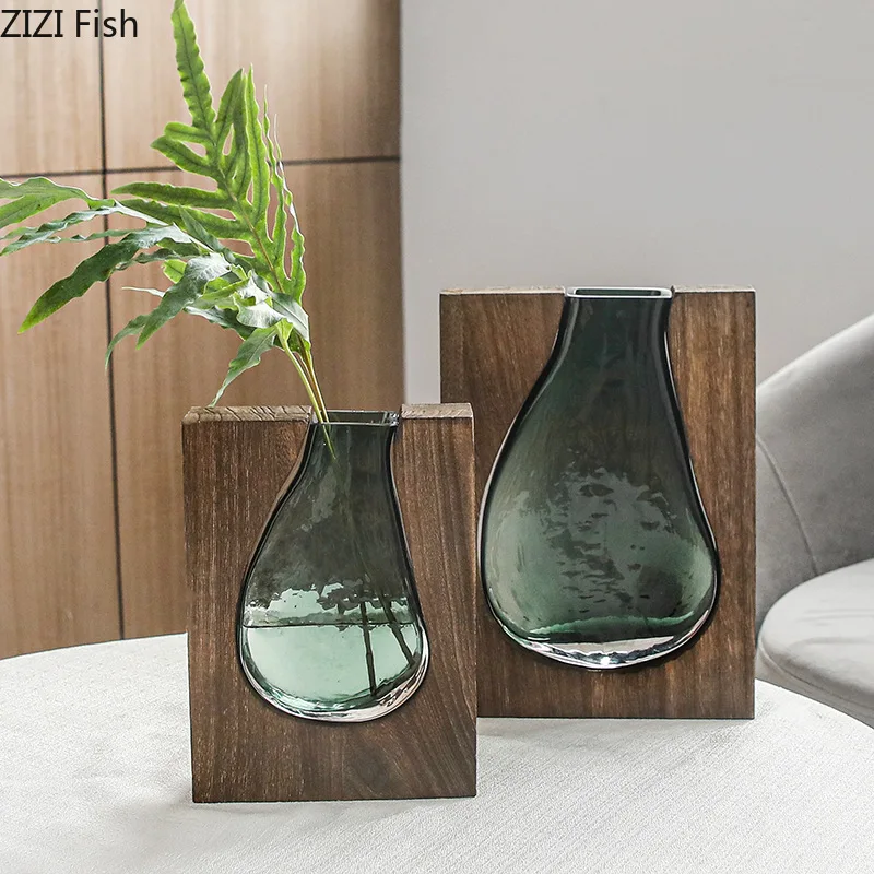

Wood Glass Inlay Vase Hydroponic Flower Pots Desk Decoration Artificial Flower Decorative Floral Arrangement Light Green Vases
