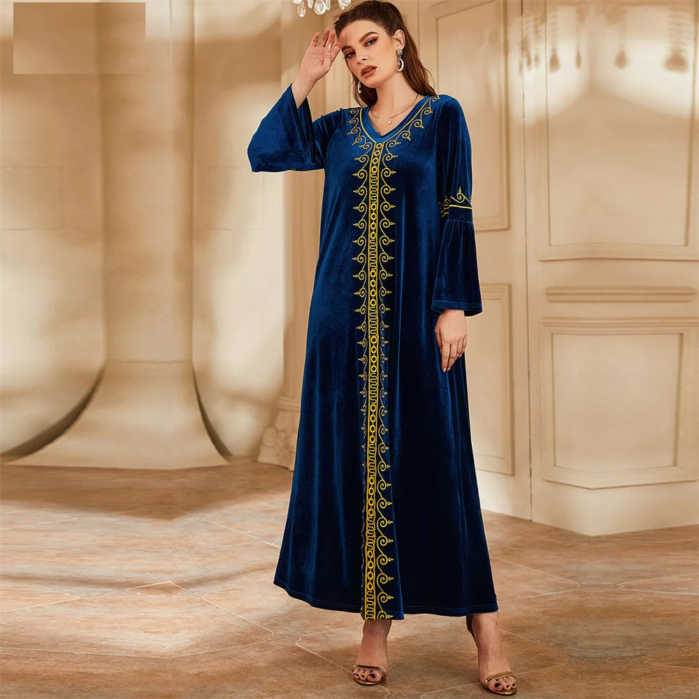 

Женское бархатное платье-макси с длинным рукавом, элегантное теплое платье в мусульманском стиле