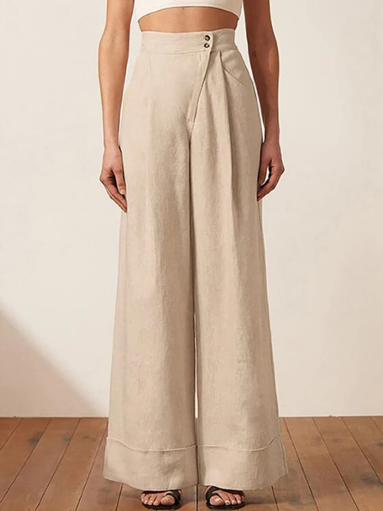 

KBAT Summer Cotton Linen Pants For Woman Khaki High Waisted Wide Pants Pleated Office Ladies Floor-Length Casual Trousers