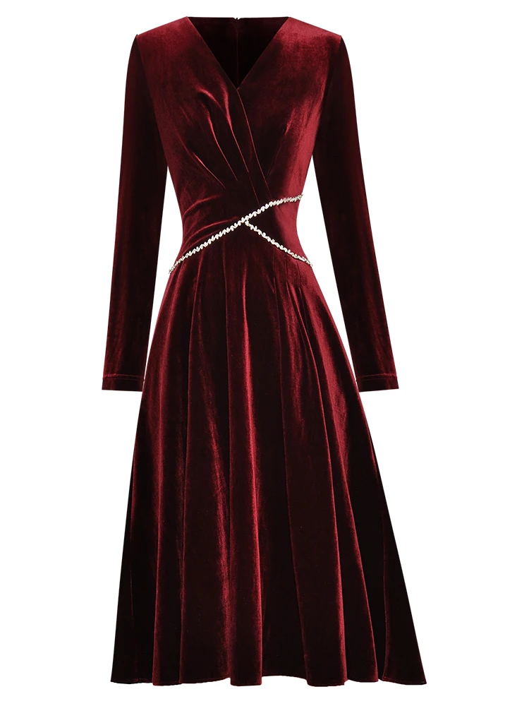 

Женское бархатное платье с V-образным вырезом и длинным рукавом