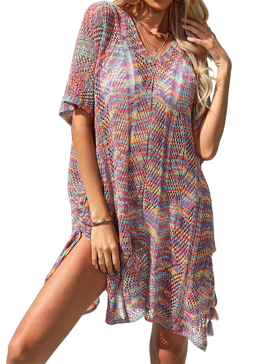 

Женская вязаная крючком Пляжная накидка с V-образным вырезом, прозрачное летнее платье с вырезами, купальник, пляжная одежда