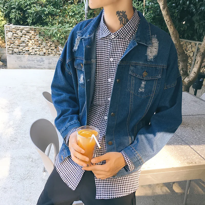 

Hot 2022 Teenagers Ripped Men's Denim Jacket Trendy Handsome Spring And Autumn Bf Wind Jacket Korean Casual All-match Jacket