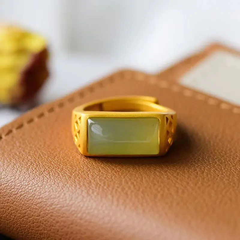 

Natural Stone Saddle Ring Classic Retro 925 Thick Gold Inset Fade Resistant Ring Rings for Women Copper Halloween