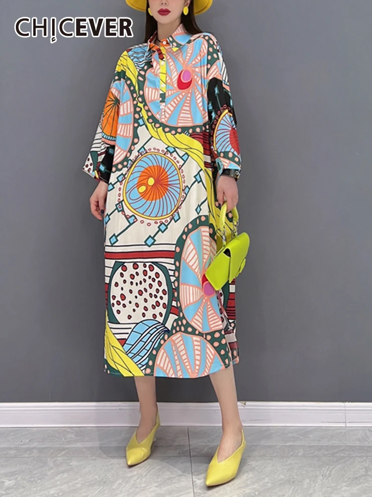 

CHICEVER Colorblock Dresses For Women Stand Collar Long Sleeve Patchwork Button High Waist Side Split Print Midi Dress Female