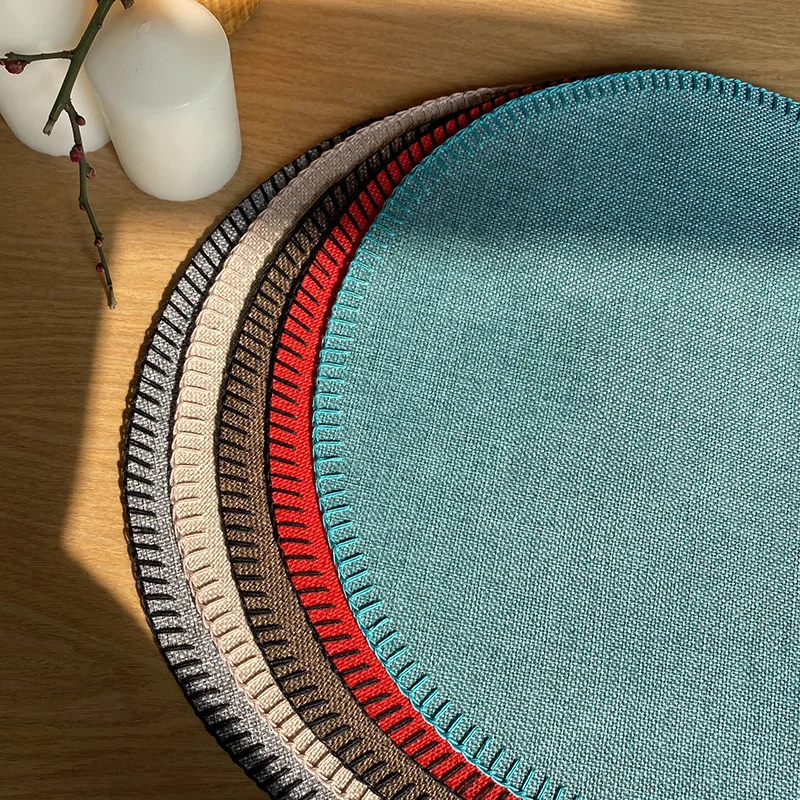 

Line Linen Placemat Hotel Heat Insulation Non-slip Round Table Mat Household Cotton Linen Fabric Washable