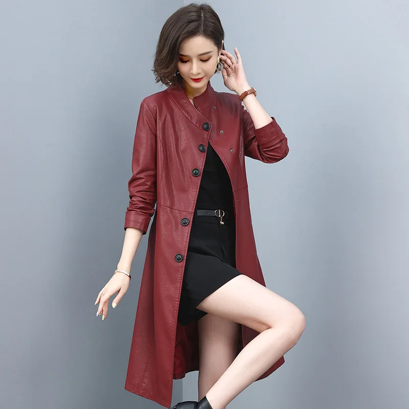 New Women Stand Collar Leather Coat Autumn Winter 2022 Casual Fashion Single Breasted Loose Slim Waist Split Leather Trench Coat