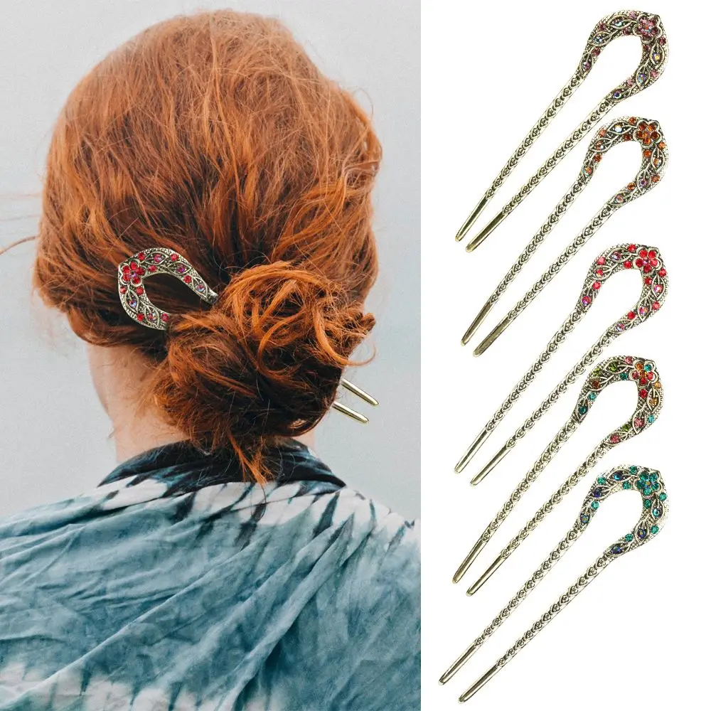 

Vintage U Shaped Hair Sticks Crystal Chignon Double Prong Hair Pins Headdress Metal Bronze Hairstyle Accessory for Women Girls