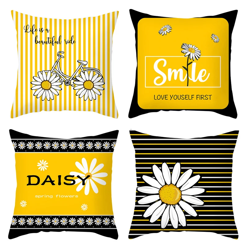 

Summer Yellow Daisy Throw Pillow Cover Sunflower Bicycle Pillowcase Korean Flower Office Sofa Chair Floral Cushion Cover 45x45cm