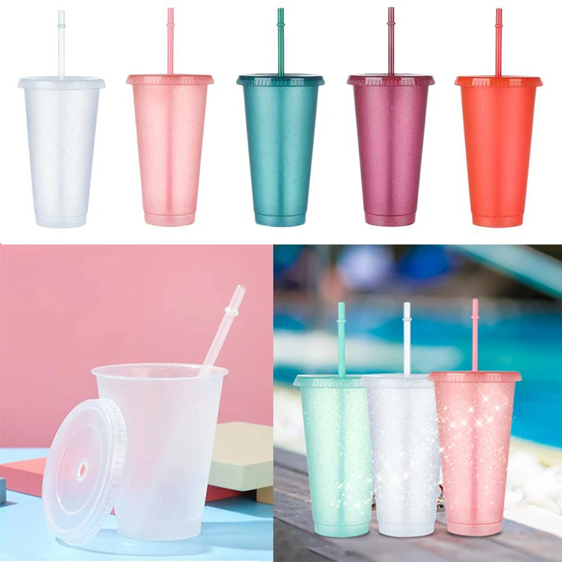 

Flash Water Bottle With Straws Lid Gliter Plastic Reusable Coffee Mug Drinking Cup Juice Tumbler Outdoor Drinkware 480/700ML