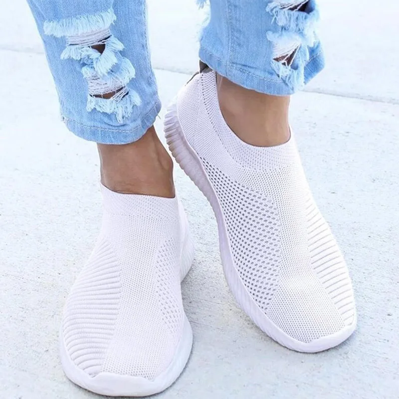 

New Women White Shoes Knitting Sock Sneakers Women Spring Summer Slip on Flat Shoes Women Plus Size Walking Flats