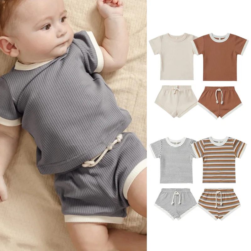 

Baby Children Short Sleeve Set 2022 Boys Girls Summer New T-shirt Shorts Baby Pit Strip Cotton Two-piece Set