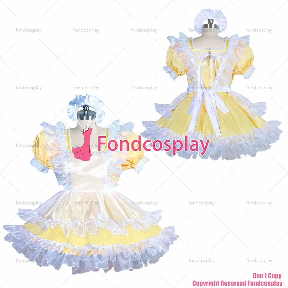 

tailor-made sexy adult dressing cross maid sissy short french lockable baby yellow satin dress white organza tv/cd[g3916]