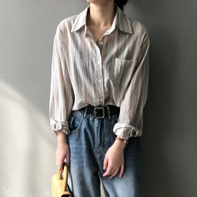 Plus Size Women's Shirt Original Striped Folded Sleeve Spring Summer Long Japanese Style Top Chinese with Pocket |