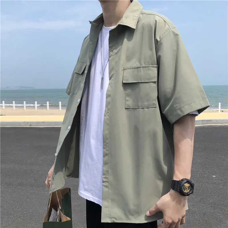 

Japanese Fashion Oversize Mens Tooling Button Up Shirt Trendy Loose Solid Color White Shirt Casual Short Sleeve Shirt Men Jacket