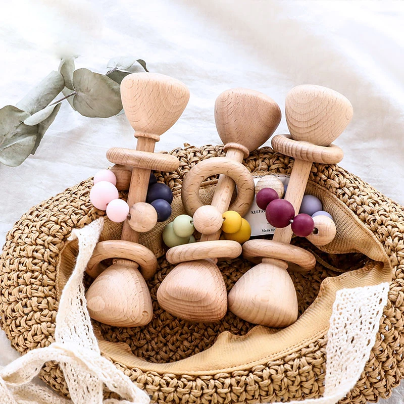

Stroller 1PC Baby Beech Teething Rodent Teether Rattle Montessori Chew Silicone Wood Toy Musical Ring Play Gym Toys Beads Wooden