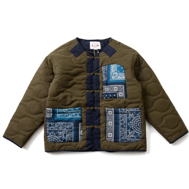 Retro Wear Cashew Flower Pocket Stitching Buckle Element Men's Cotton Jacket Print Button Loose Green Collarless Coat Padded