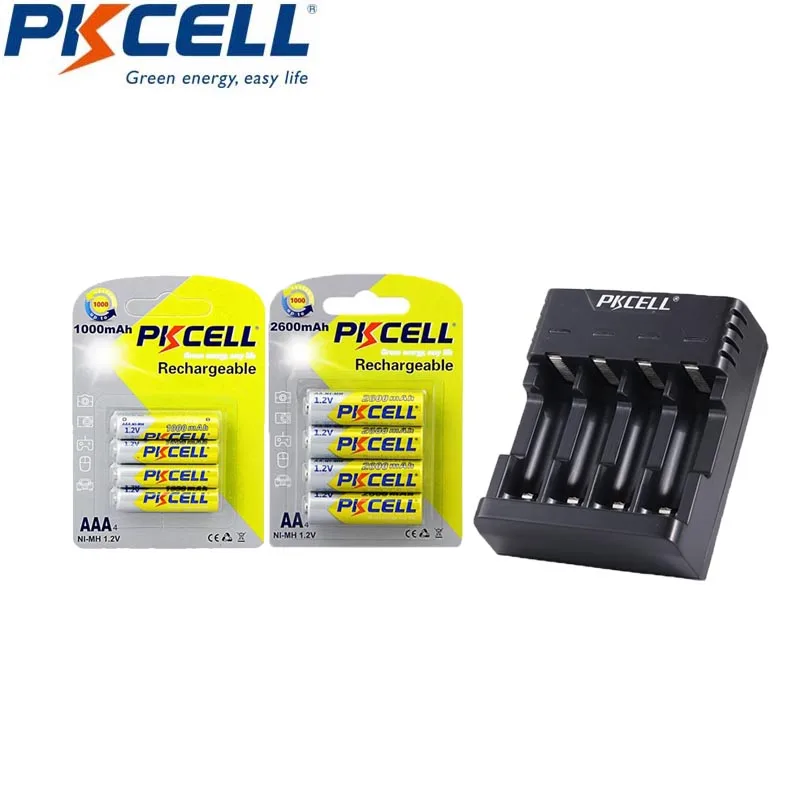 

PKCELL 4Pcs/1Cards 2600mAh AA Rechargeable Battery +4Pcs/1Card AAA 1000mAh 1.2V NI-MH Rechargeable Battery With 1-4Slots Charger