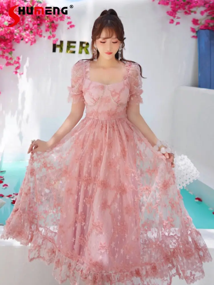 

Женское жаккардовое кружевное платье, розовое длинное французское персонализированное короткое платье-комбинация с пышными рукавами и квадратным вырезом, лето 2023