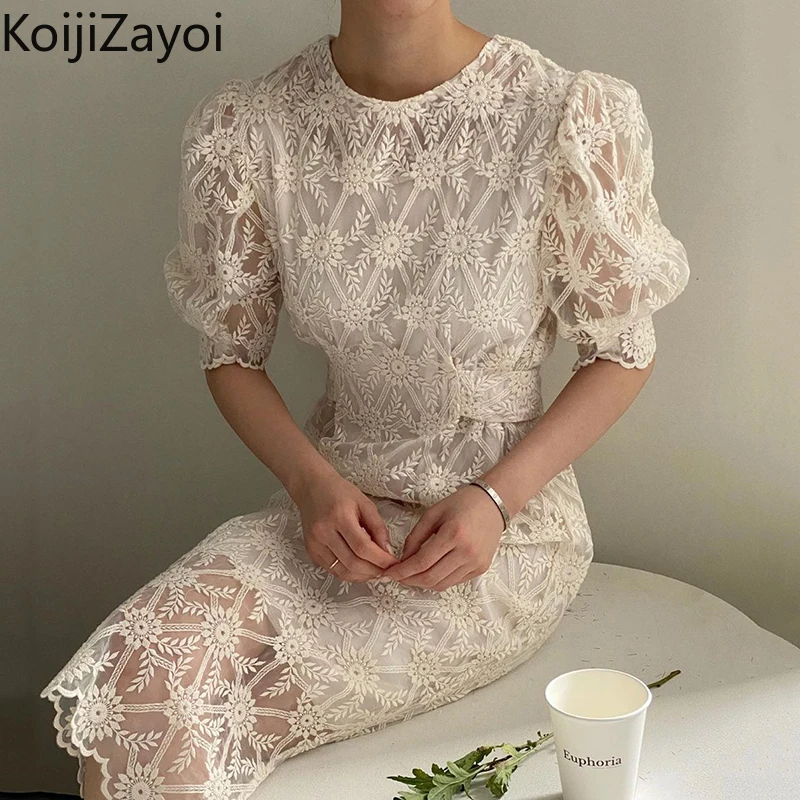 

Koijizayoi Elegant Women Lace Maxi Bodycon Party Dress Solid Fashion Office Lady Slim Dresses 2022 New Chic Korean Vestidos