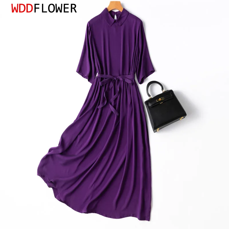 

Women 93% Mulberry Silk 7% Spandex 20 Momme V neck belted waist Dress Color Purple Luxurious Long Midi Dress MM556