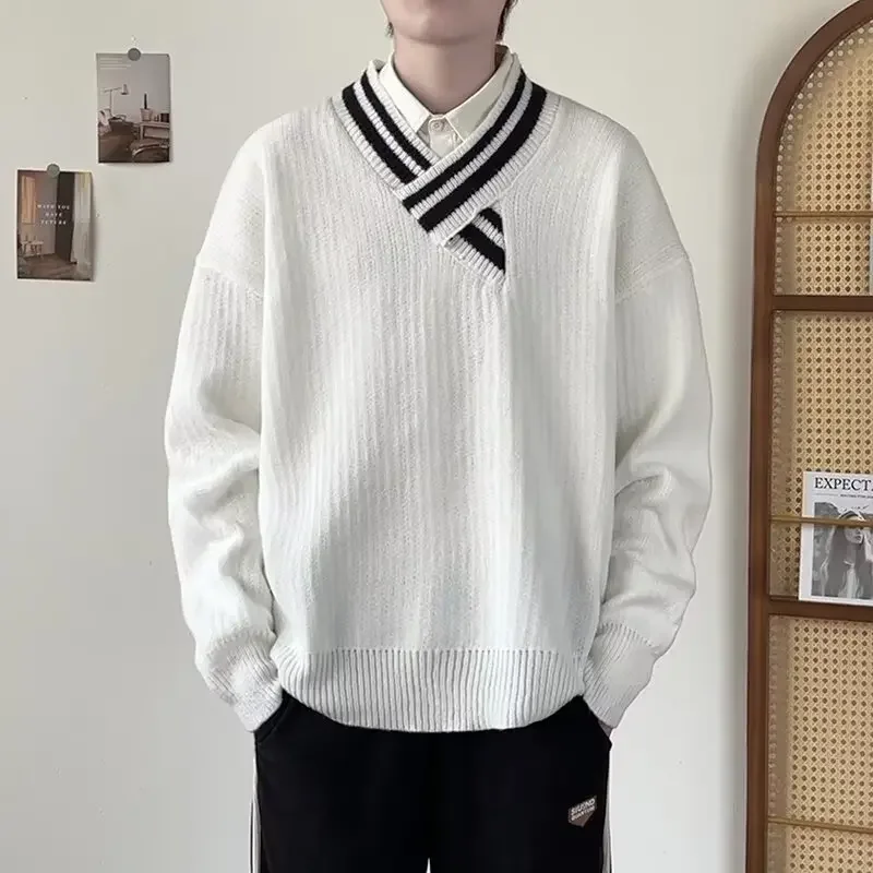 Мужской вязаный свитер с длинным рукавом повседневный модный свободный пуловер
