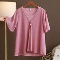 2022 fashion brand womens bell sleeve tops summer short sleeve chiffon shirts solid color crew neck casual tops plus size 6xl