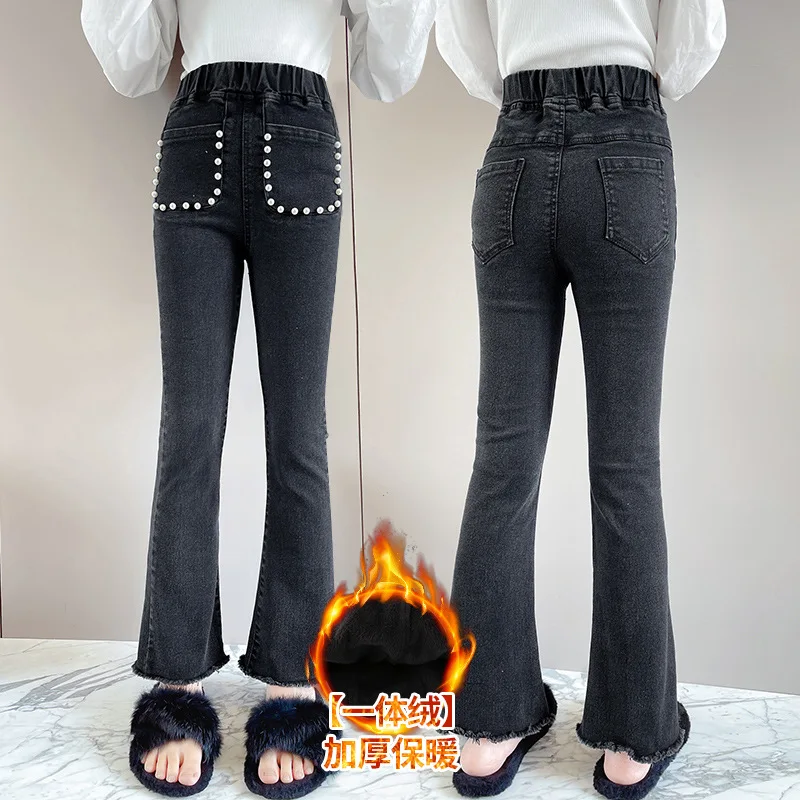 

Детская одежда для подростков, модные осенне-зимние брюки с карманами и бисером, дизайнерские джинсы для девочек, плотные теплые расклешенные брюки 4-14 лет