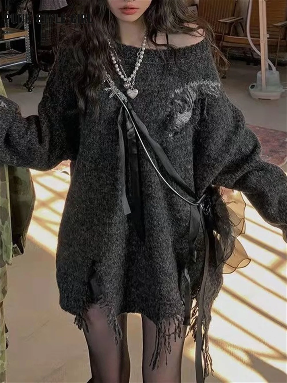

Fairy Dark Gothic Knitted Sweater Women Harajuku Grunge Sweaters Goth Mall Long Sleeve Top Female Pullover Cyber Alt Long Jumper