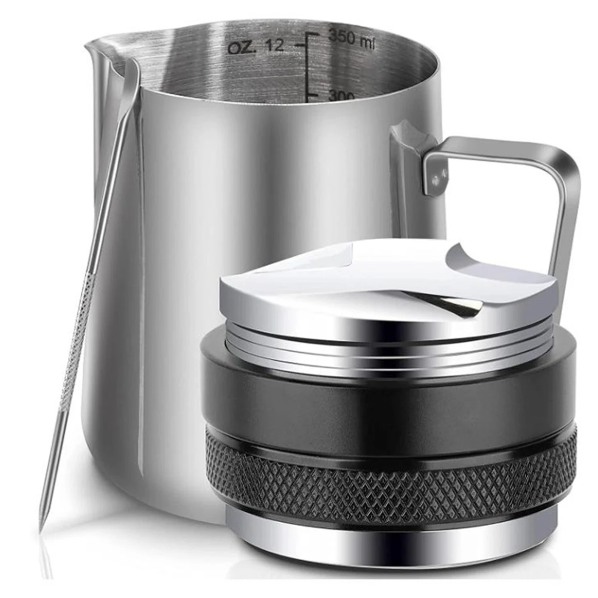 

Milk Frothing Pitcher Cup with Latte Art Pen Milk Pitcher Cup Milk Frother,53mm Espresso Masher,for Cappuccino,Latte,Etc