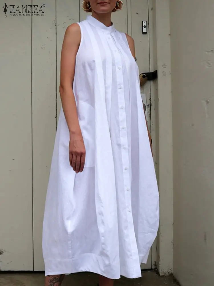 

ZANZEA Women Round Neck Shirtdress Streetwear Pockets Fashion Loose Pleated Dresses Button Up Solid Color Sleeveless Midi Dress