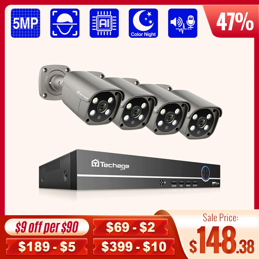 Techage 8CH 5MP POE NVR IP Camera System AI Human Detected Two-way Audio Outdoor Security Camera Set CCTV Video Surveillance Kit