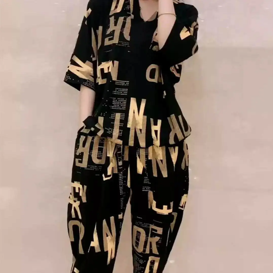 Casual Fashion Geometric Letter Printing Pant Sets Summer 2022 Short Sleeve V-neck T-shirt Wide Leg Pants Slim Women's Clothing