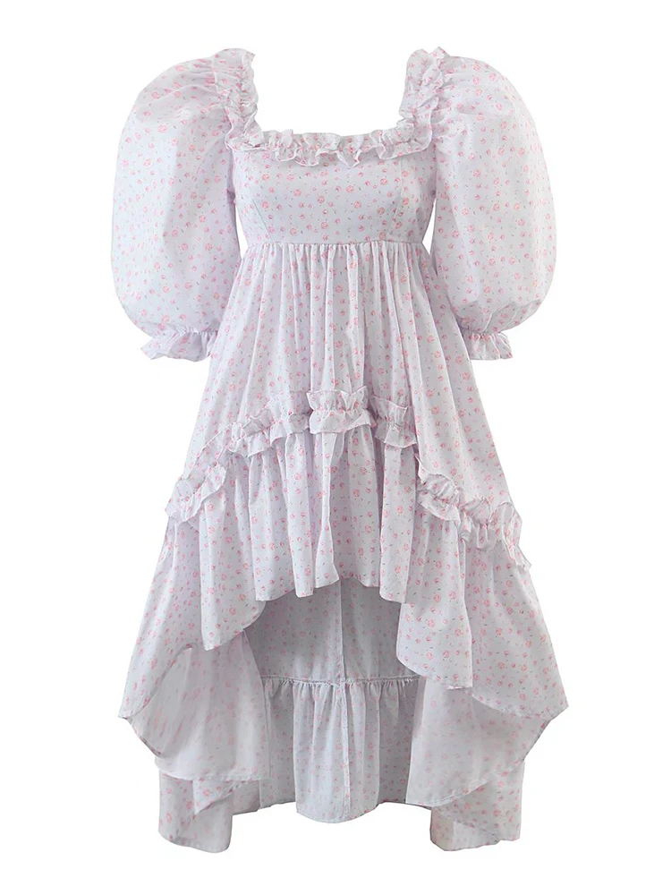 

2022 Purple Floral Print Ruffle Swallowtail Dress Elegant Square Collar Puff Sleeve Women Midi Robe Holiday Party Fairy Vestido