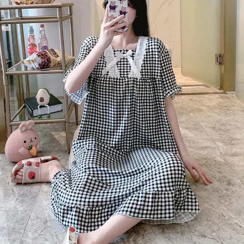 

Large Size 6XL 150KG Summer Night Wears for Women Plaid Printed Short Sleeve Long Dress Elegant Sleepdress Female Clothing