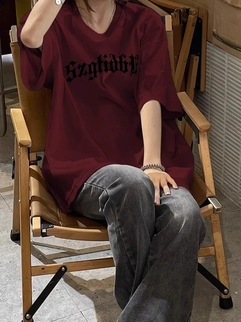 Женская футболка из чистого хлопка Бордовая с коротким рукавом новинка 2024 летние