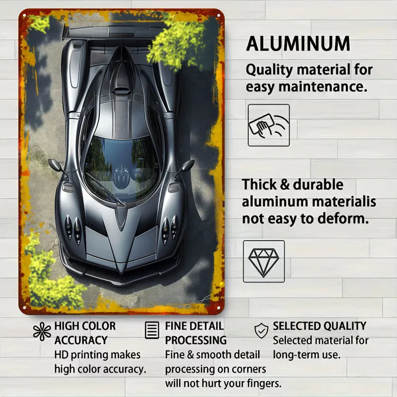 Фото Pagani Zonda Top View Металлические вывески Автомобильный плакат Украшение комнаты Декор на заказ Жесть Знак для настенного художественного украшения Предметы домашнего декора №4