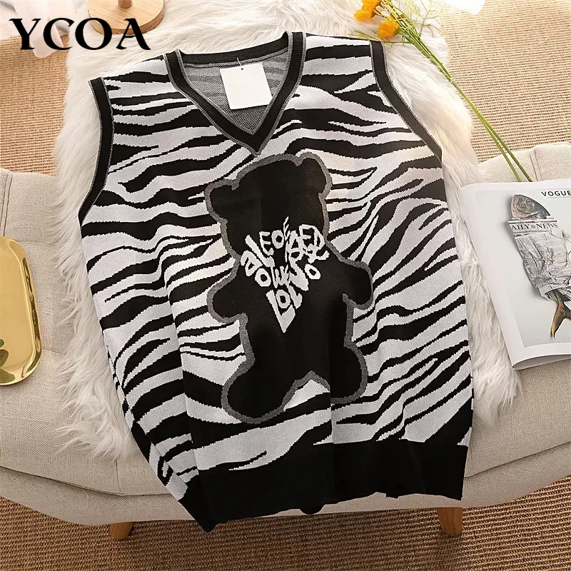 

Женский свитер без рукавов, винтажный пуловер оверсайз с медведем, вязаный Топ в Корейском стиле, одежда для улицы, Y2k