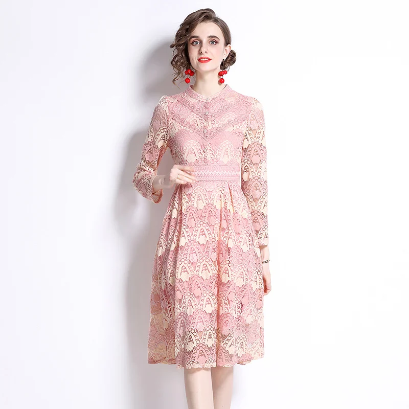 Симжент Розовое кружевное платье для женщин 2022 весна Новая мода Элегантное платье с длинным рукавом и вышивкой до колена Платья прямого силуэта Джурк SG221415.