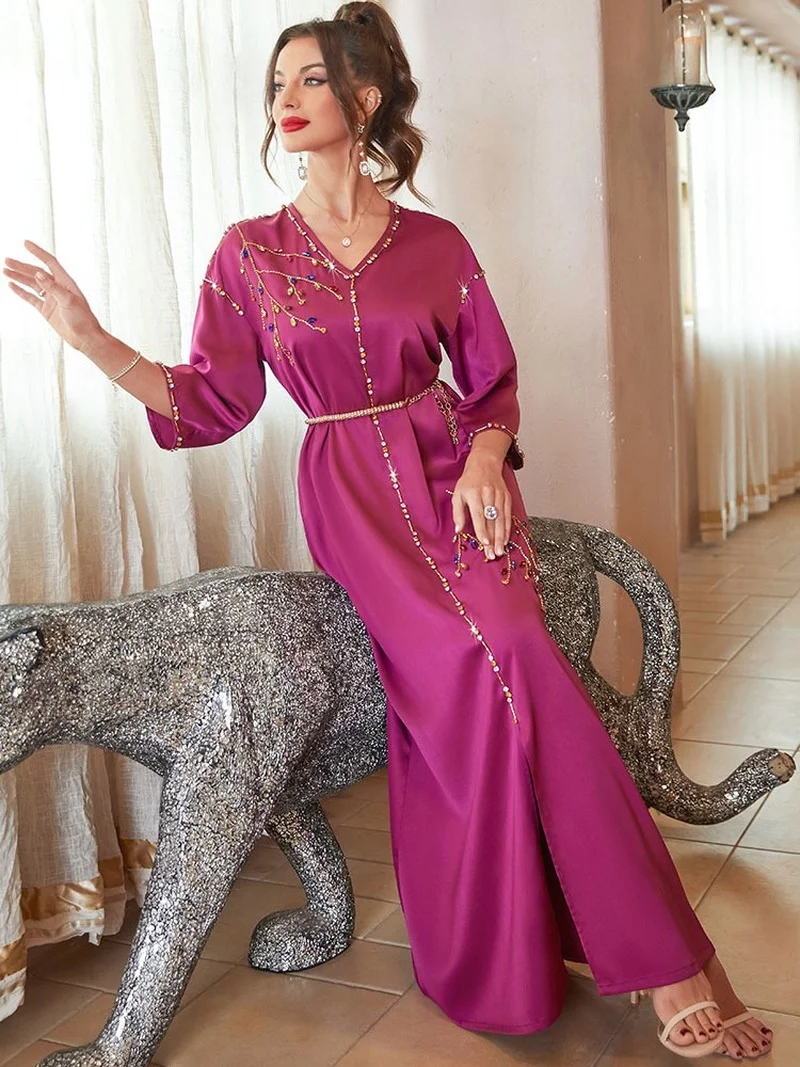 Eid Moroccan Caftan Hand Sewn Rhinestone Arabic Evening Long Dress Dubai Saudi Gulf Jalabiya Muslim Party Satin Abaya Kaftan
