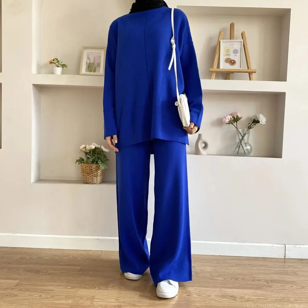 Ramadan Autumn Winter Knitted Muslim Sets Women Dress Abaya 2 Piece Sweater Pant Set Turkey Party Kaftan Islam Modest Outfits
