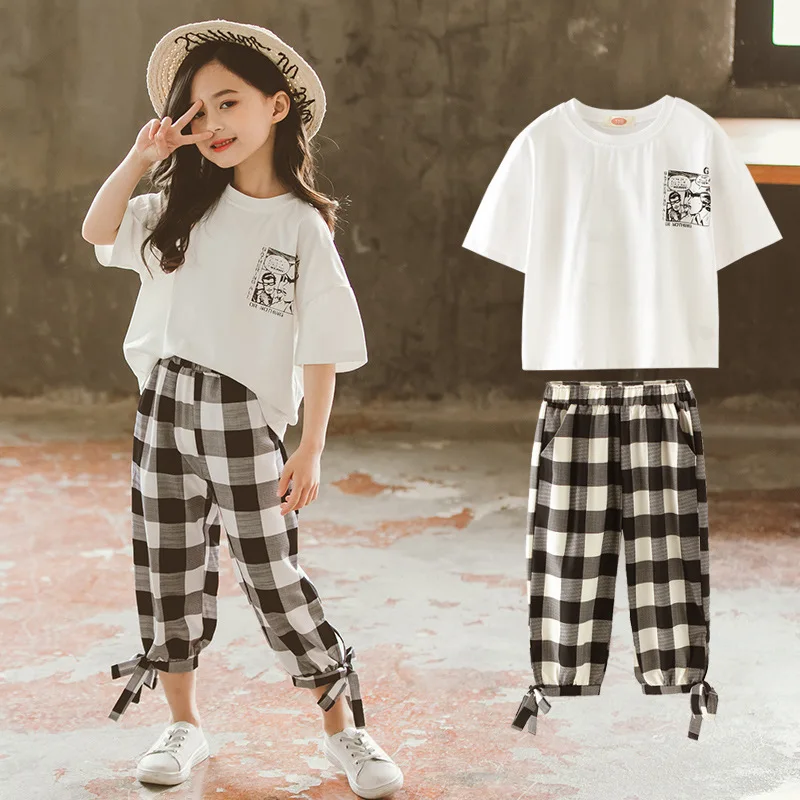 

Летняя одежда для девочек, футболка с коротким рукавом, клетчатые брюки, комплект из 2 предметов, эксклюзивная одежда для маленьких девочек, ...