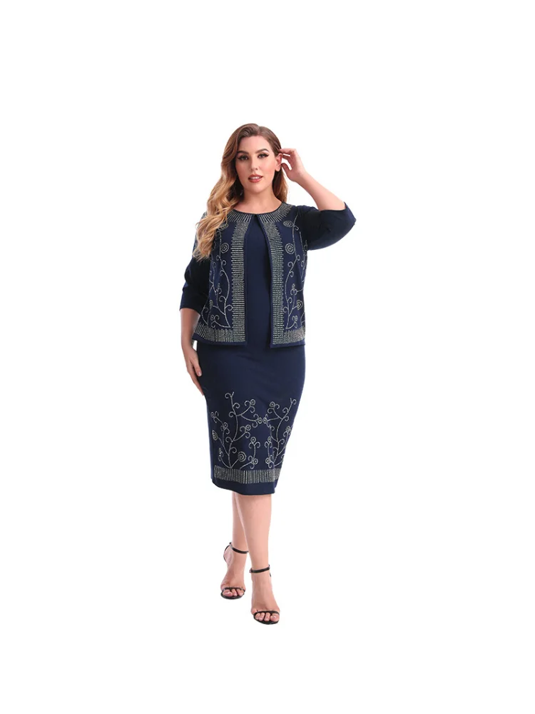 Summer large size women's fake two hot diamond sweet solid color dress plus size outfits  evening dresses