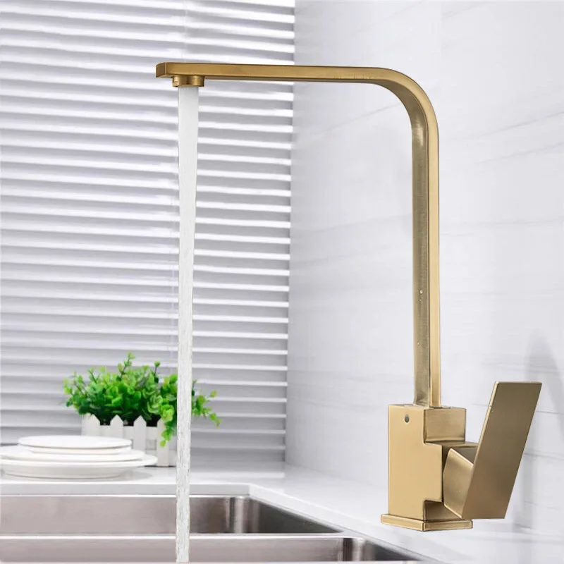 

Stainless Steel Brushed Gold Kitchen Faucet 360 Degree Swivel Deck Mounted Hot and Cold Mixer Spout Single Handle Sink Tap Crane