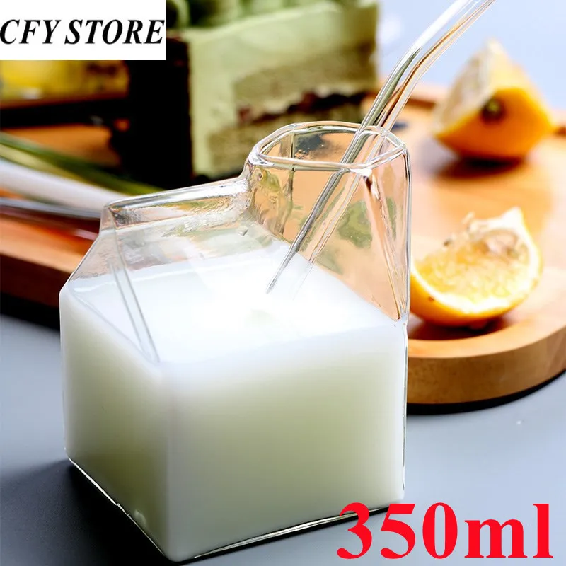 

350ml Creative Family Glass Milk Carton Square Milk Cup Breakfast Oat Cup Home Drink Juice Tea Mug Drinking Utensil Drinkware