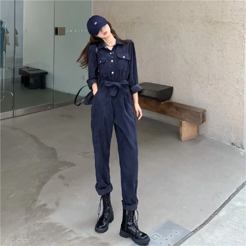 Women Autumn Loose Long Sleeve One Piece Straight Pants Corduroy Jumpsuits Winter Female Double Breasted Overalls Rompers New