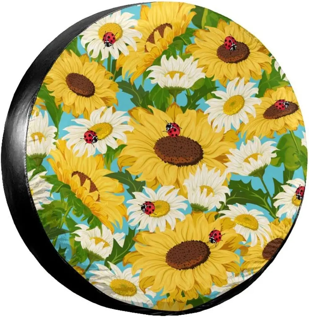 

Sunflowers Ladybugs Pattern Spare Tire Cover Waterproof Dust-Proof UV Sun Wheel Tire Cover Fit Fits most vehicle tire covers
