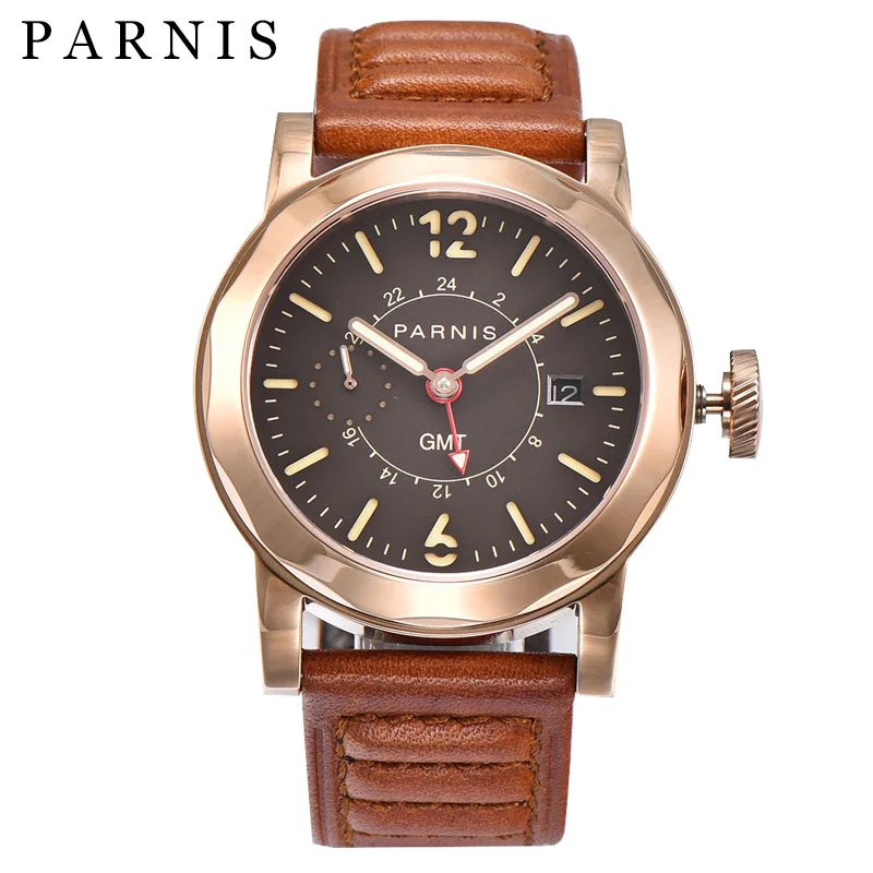 

Parnis 44mm Rose Gold Automatic Men Watch Leather Strap Red GMT Sapphire Glass Luminous Mechanical Men's Watches reloj hombre