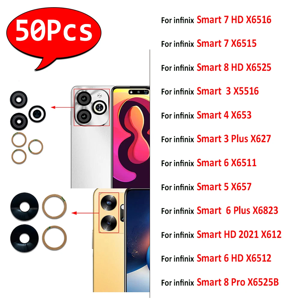 50 шт. стеклянная линза задней камеры с клеем для Infinix Smart 7 8 HD 3 Plus 4 6HD 5 Pro X6516 X6515 X6525