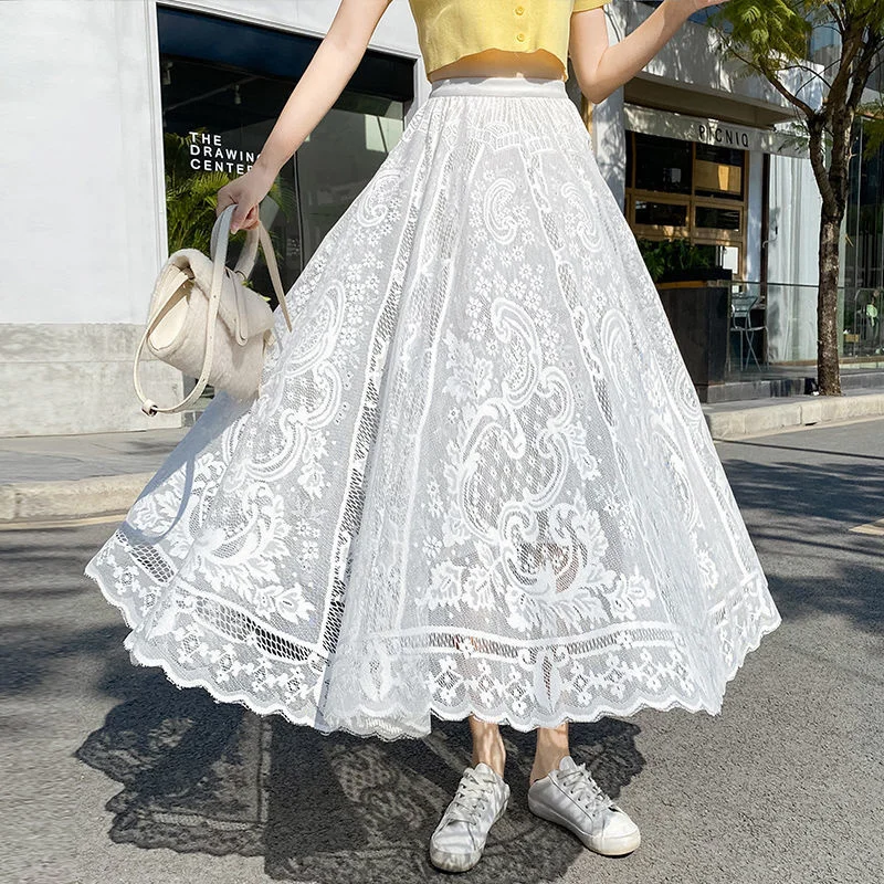 Юбка женская кружевная средней длины длинная эластичная с завышенной талией