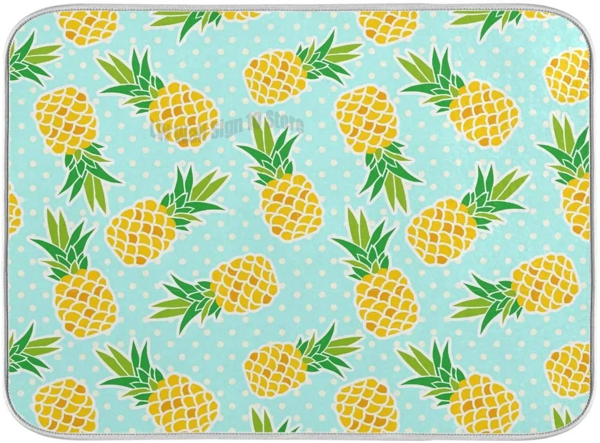 

Summer Pineapple Dish Drying Mat for Kitchen Tropical Fruits Lemon Watermelon Blue Dishes Pad Dish Drainer Rack Mats